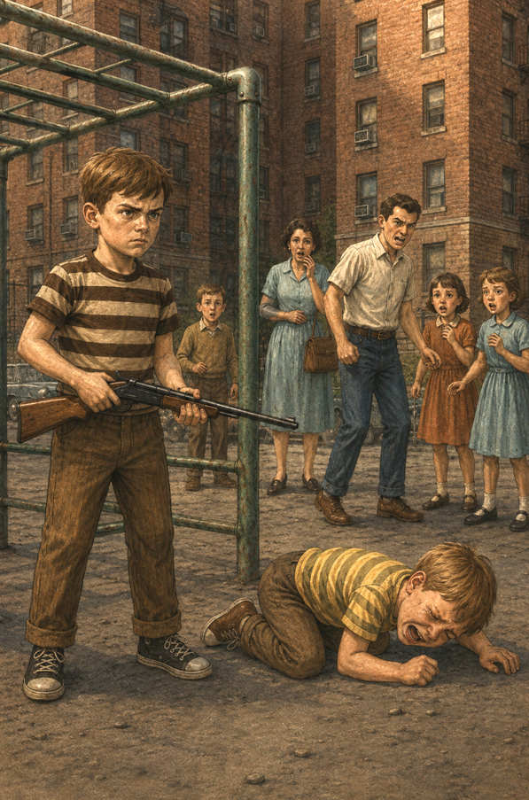 A boy in a striped shirt holds a rifle in a housing-project playground while another boy cries on the ground and adults look on.