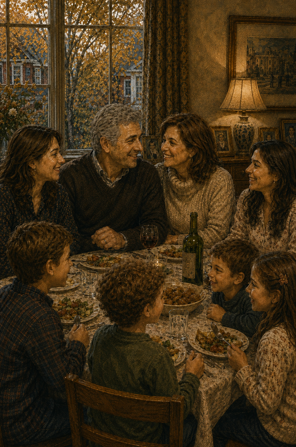 A family shares dinner by a window full of autumn leaves.