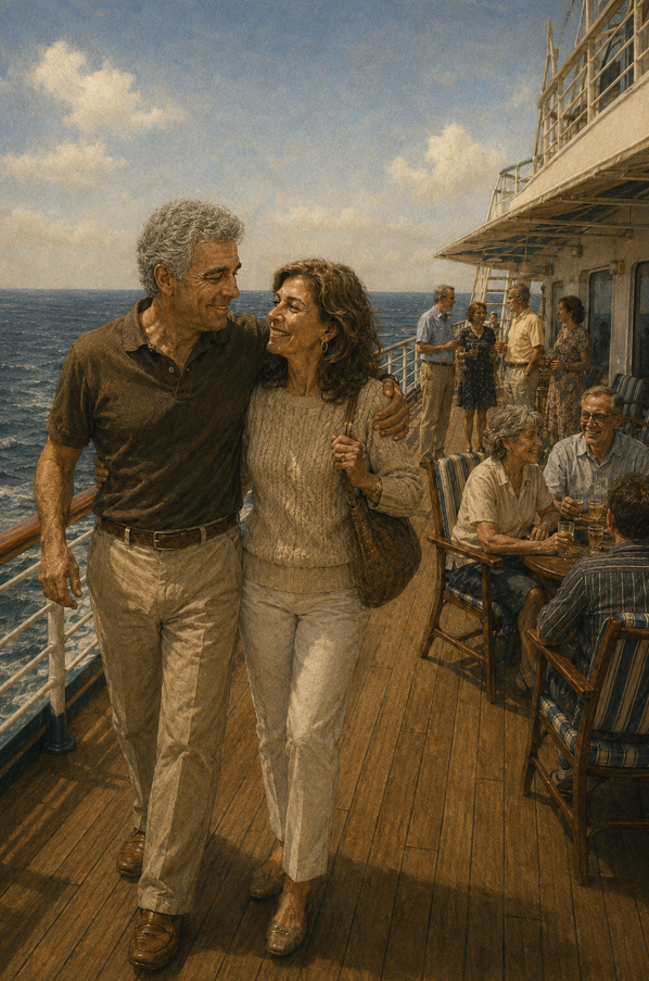 A couple walks arm in arm on the deck of a cruise ship.