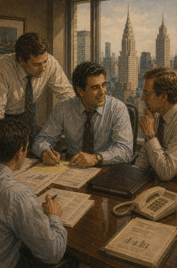 Men in shirts and ties review documents in an office high above Manhattan.