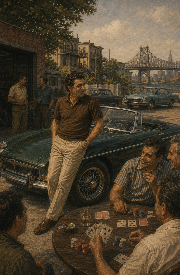 A man leans on a vintage convertible beside a card game, a bridge over the river behind.