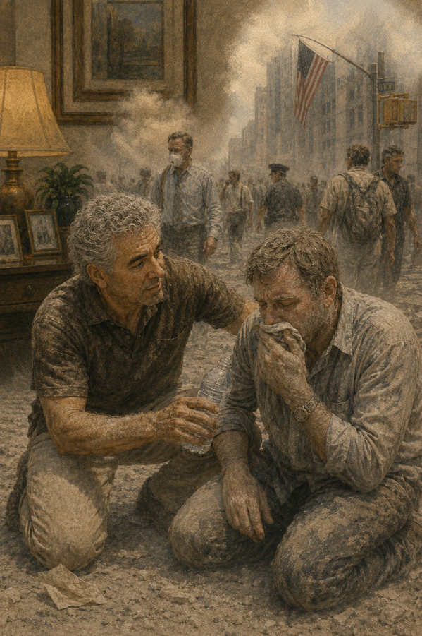 A man kneels to offer water to a dust-covered man on an ash-filled street.
