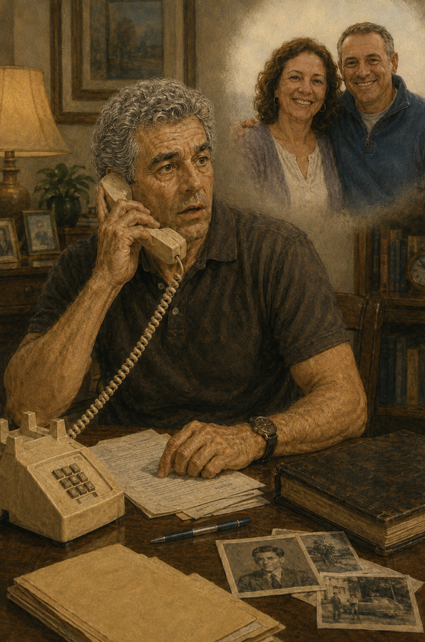 A man on a desk telephone surrounded by old photographs, a memory of a couple above him.