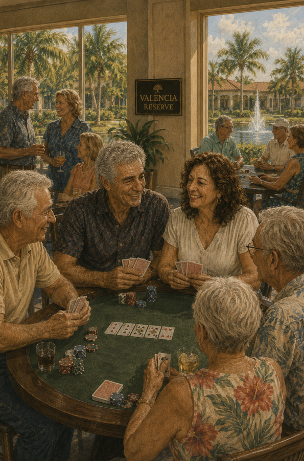 Older couples play cards in a clubhouse with palm trees beyond the windows.