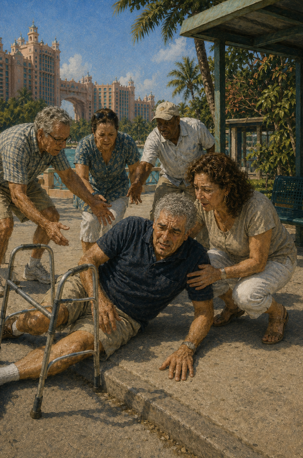 A man lies fallen beside a walker as friends rush to help him.