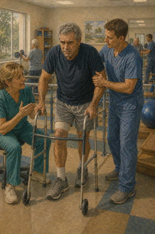 A man walks with a walker in a physical therapy room, supported by two therapists.
