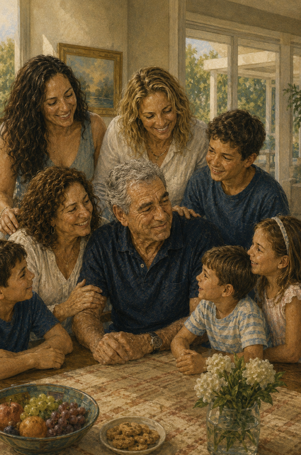 An older man smiles, surrounded by family and grandchildren at a kitchen table.