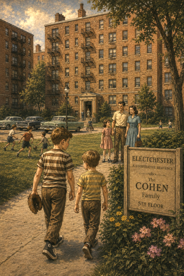 Two boys walk toward brick apartment buildings past a sign reading Electchester, a cooperative residence.