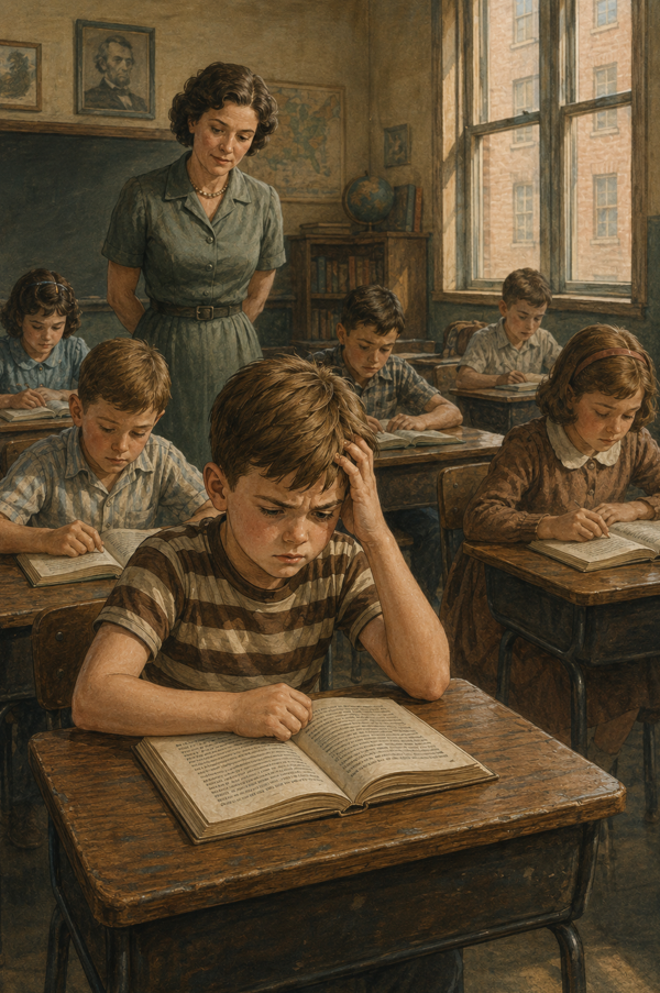 A boy struggles over an open book at his desk while the teacher watches.