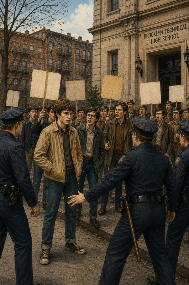Students with blank placards face police officers outside Brooklyn Technical High School.