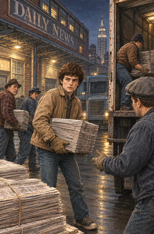 A young man carries bundled newspapers at the Daily News loading dock at night, the Empire State Building behind.