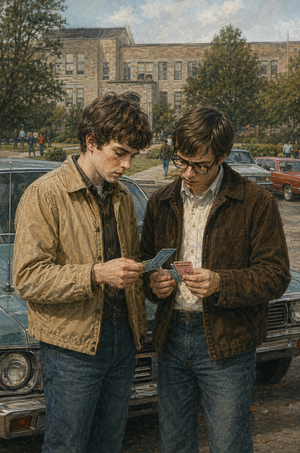 Two young men examine tickets in a campus parking lot.