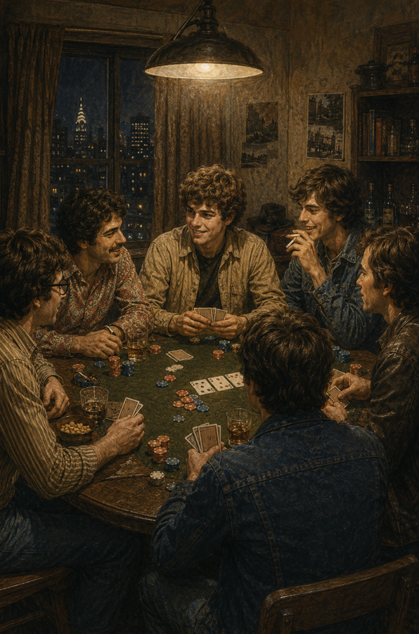 Young men play poker around a table under a hanging lamp, a skyline visible through the window.