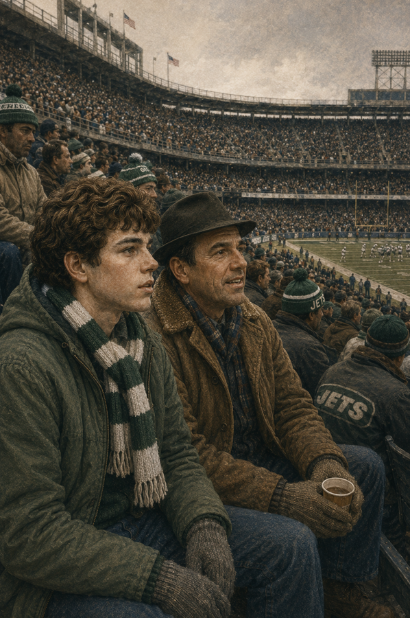 A young man and an older man sit in a crowded football stadium among Jets fans.