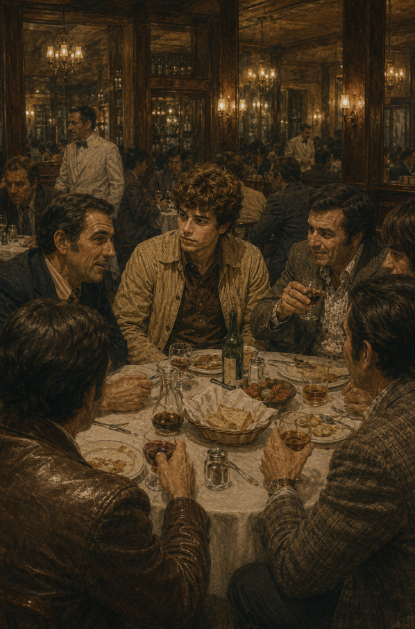 A young man sits among older men at a restaurant table with wine and bread.